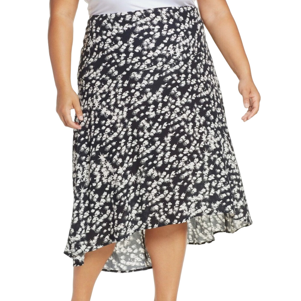 LEITH Women Large Black White Artsy Print‎ Rayon High Low Midi Skirt Office